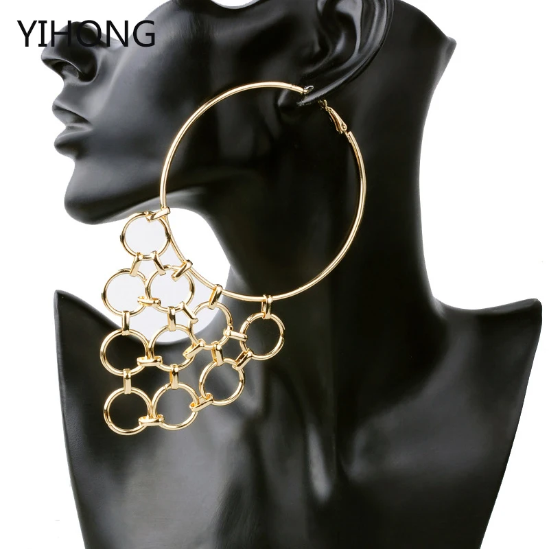 

Big Hoop Circle Round Earrings Circle Phase Button Alloy Pendant Exaggerated Gold Fashion Earring Jewelry For Women