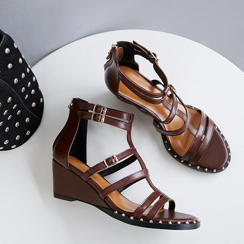 

Women's Genuine Leather Sandalias Wedges Shoes for Women gladiator Sandals Women Summer High Heel Comfort Ankle Boots Shoes Hot