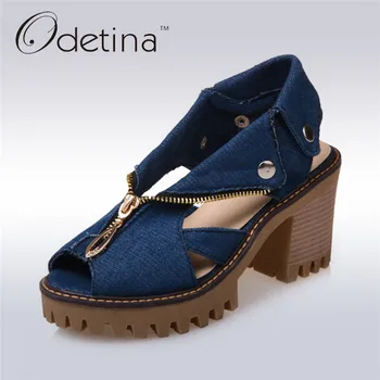 

Odetina 2019 New Casual Denim Sandals Women Square Chunky Block Heel Platform Sandal High Heel Open Toe Summer Shoes Big Size 43