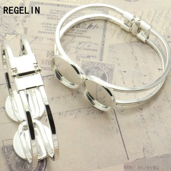 

REGELIN Silver Plated Blank Bracelet Bangle Base Tray Bezel Cameo Setting Double Cabochon Diameter 20mm Base Diy Jewelry Making