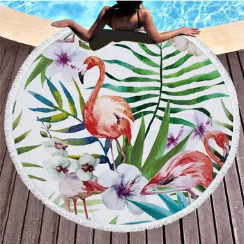 

Beautiful Flamingo Grass Rest Fringed Side Beach Towel Tropical Plant Leaf Print Microfiber Large Beach Towel Pool Decoration