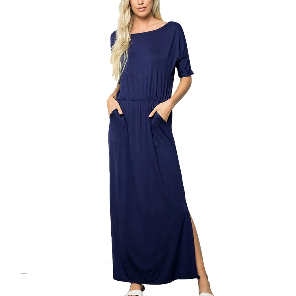 

Fashion Women Solid O-Neck Half Sleeve Two Pockets Ruched Open Fork Maxi Dress