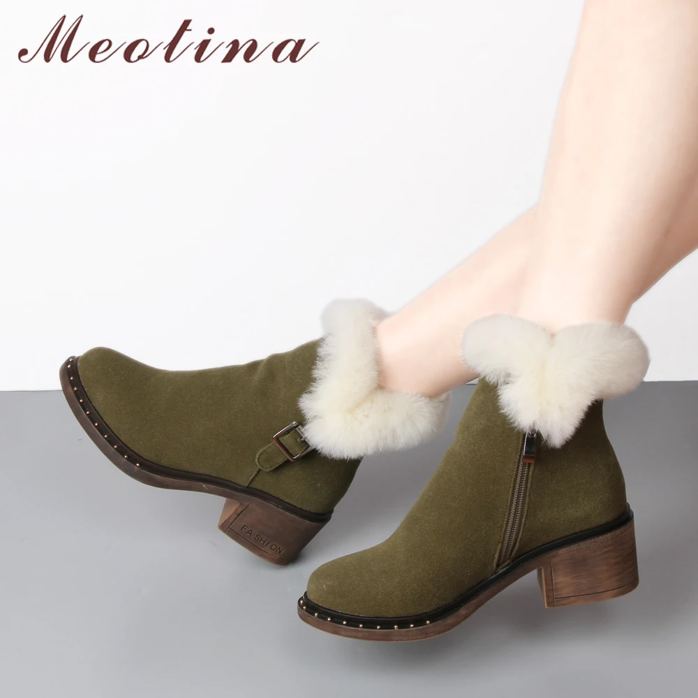 Meotina Snow Boots Winter Ankle Boots Women Real Rabbit Fur Zipper Buckle Cow Suede Warm Plush Short Boots Footwear Green Black цена Meotina Snow Boots Winter Ankle Boots Women Real Rabbit Fur Zipper Buckle Cow Suede Warm Plush Short Boots Footwear Green Black цены онлайн