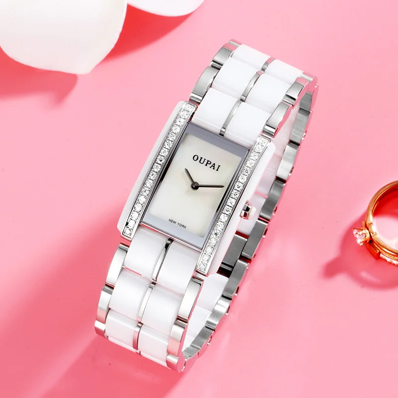 OUPAI Fashion Square Ceramic Women Watch Rectangle Sapphire Swiss move Watch Lady Water Resistance Diamond Fashion Watch Woman - Цвет: White Ceramic 8009