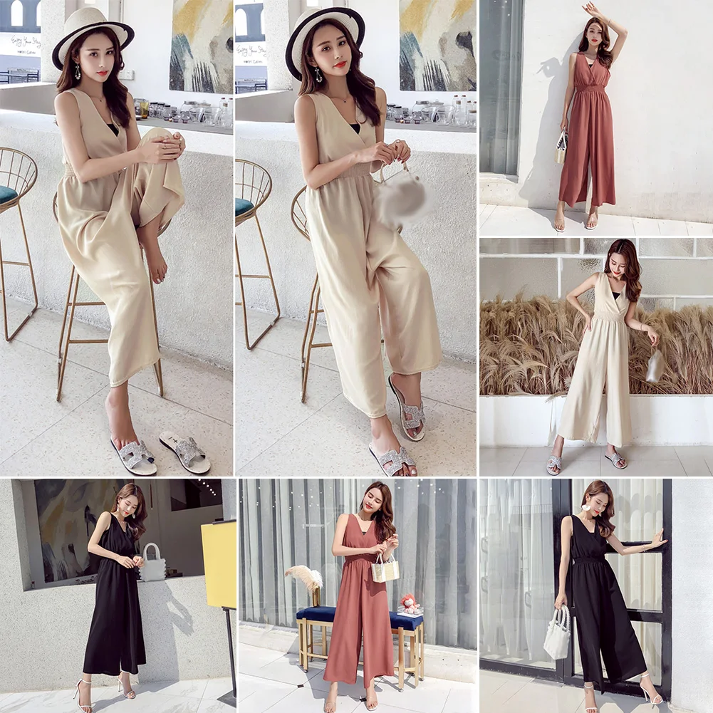 Пляжный женский комбинезон летний с v образным вырезом плиссированный модный без