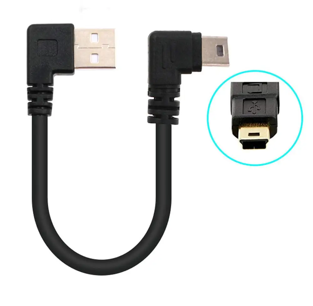Short USB 2.0 cable, type A to Mini B, USB charger cable, dual 90