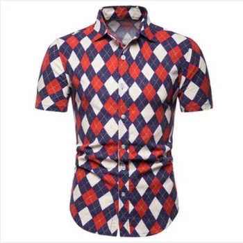 

2019 New Summer Men's Shirt Block type Printing Large Size Casual Short Sleeve Shirts Cotton Linen Slim Fit Dress Shirt