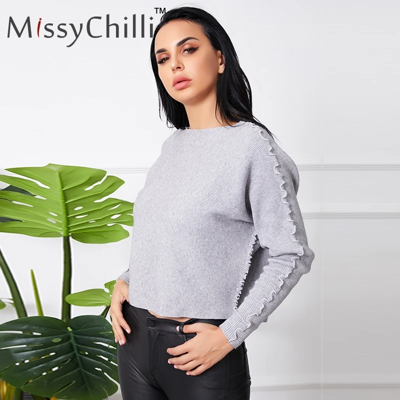 

MissyChilli Grey knitted casual autumn sweater Women wavy lurex bat long sleeve jumper Black winter ruffle pull femme sweater