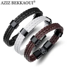 AZIZ BEKKAOUI кожаный браслет черный панк браслет для мужчин из нержавеющей стали кожаный плетеный веревочный браслет магнитный браслет для мужчин