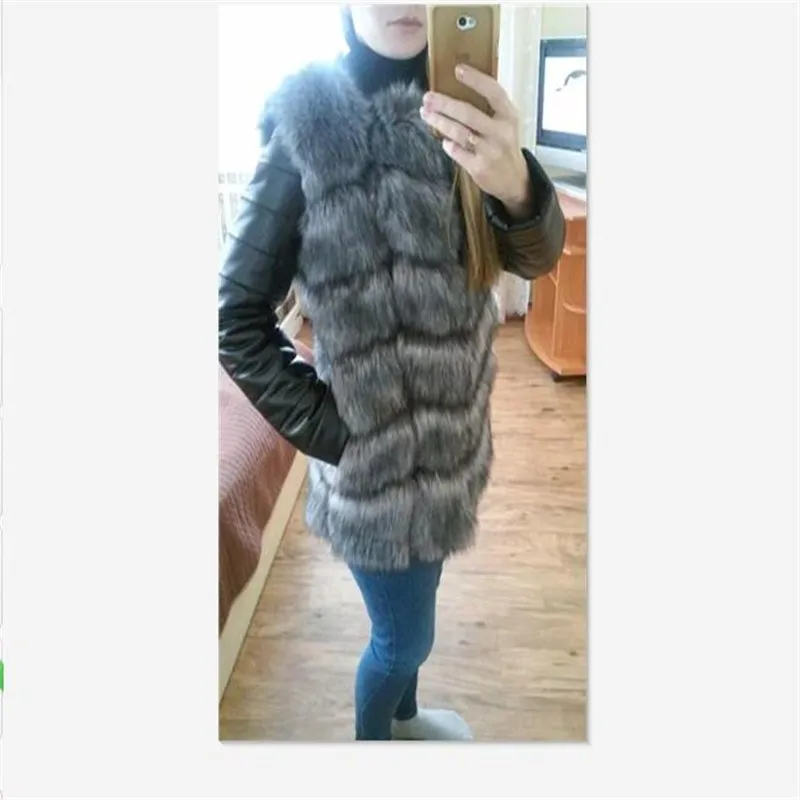 BINYUXD теплое пальто из искусственного меха лисы с рукавами искусственной кожи