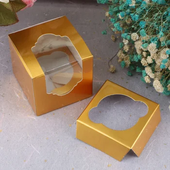 

Simple Cupcake Box with Handle Wedding Favors Cake Box Gold Color Window Packing Boxes for Cookie Baking