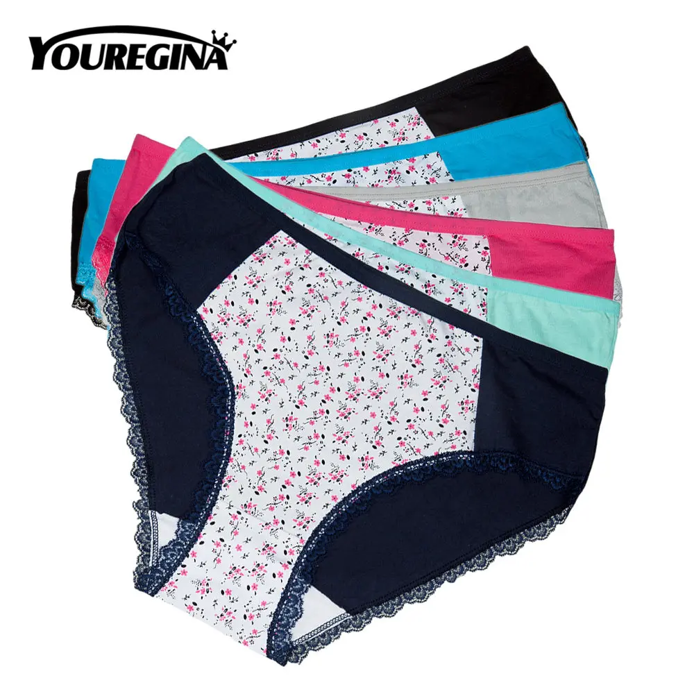 6Y9262-6 pcs Женские трусики размера плюс, хлопковые трусы со средней посадкой, сексуальное кружевное нижнее белье, женские трусики, женское нижнее белье с принтом, 6 шт./партия - Цвет: 6Y9262-6 pcs