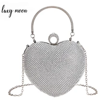 Heart Shape Women Clutch Bag Luxury Full Diamond Wedding Handbags Purse Finger Ring Day Clutches Small Handle Chain Shoulder Bag