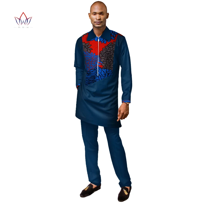 

African Design Clothing Casual Men Jacquard Zipper Top Shirts and Pants Sets Bazin Riche Men Print 2 Pieces Pants Sets WYN733