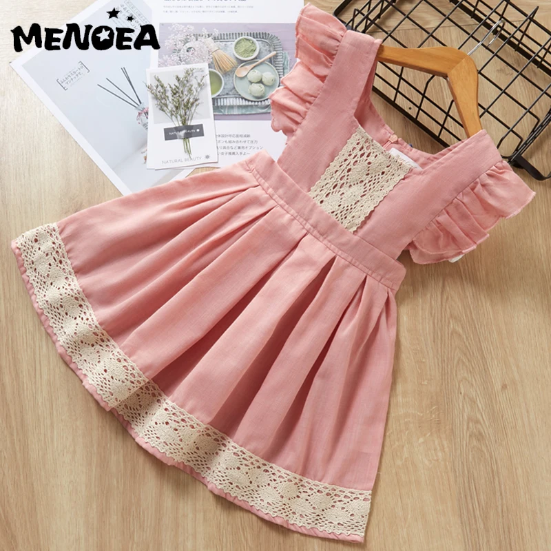 

Menoea Cute Children Party Dress Summer Fashion Girls Flying Sleeve Lace Pink Clothes Little Girl Dress Kids Casual Mini Dress