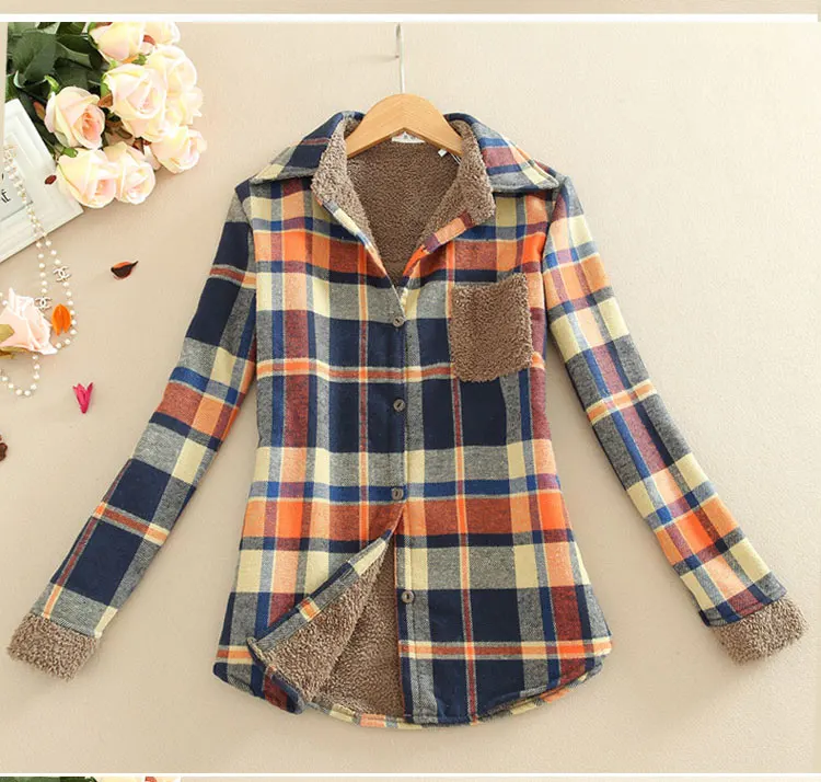 New Fleece Thick Warm Women's Plaid Shirt Female Long Sleeve Tops S-XXL Winter Button Casual Check Blouse Autumn Clothes T78401A Blouses