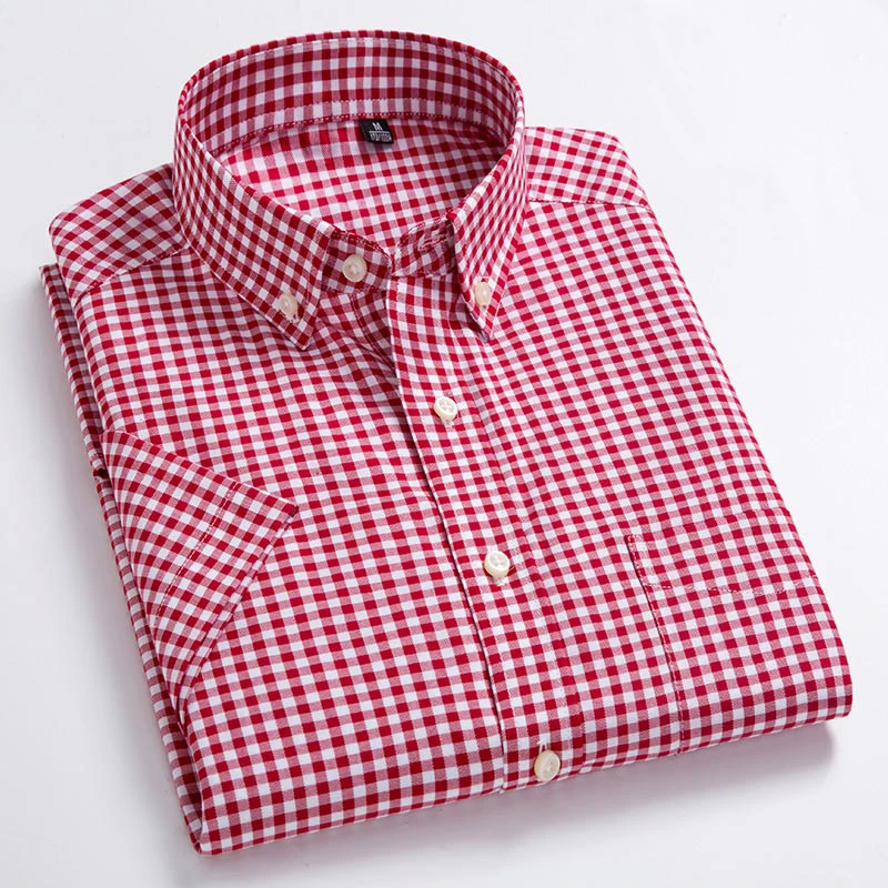 Men's Oxford Casual Shirts Leisure Design Plaid Men's Social Shirts Cotton Short Sleeve Dress