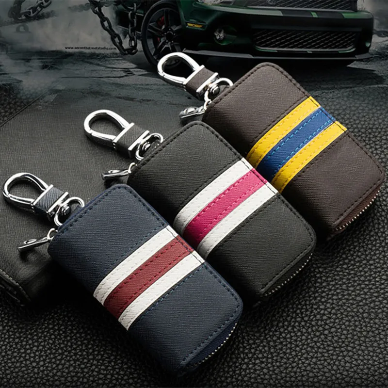 

Car key bag fashion British wind color striped wallet key bag leather wallet car key square zipper bag wallet car accessories