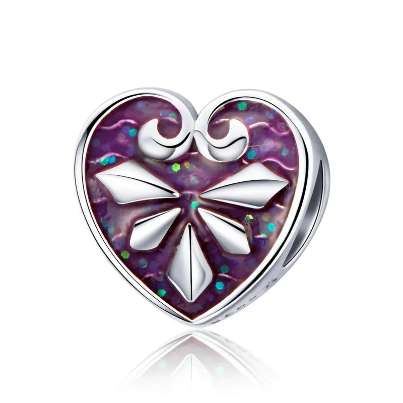 

ABAY Valentine Gift 925 Sterling Silver Heart Shape Pink Purple Enamel Beads Charms fit Original Pandora Bracelet Beads Jewelry