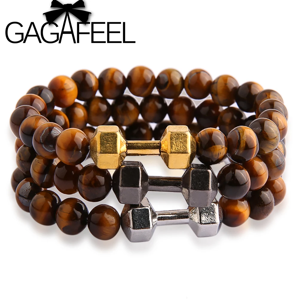 

GAGAFEEL 2017 Hot Dumbbell Charms Bracelet Tiger Eye Beads Bracelets Bangles for Men Women DIY Jewelry Making