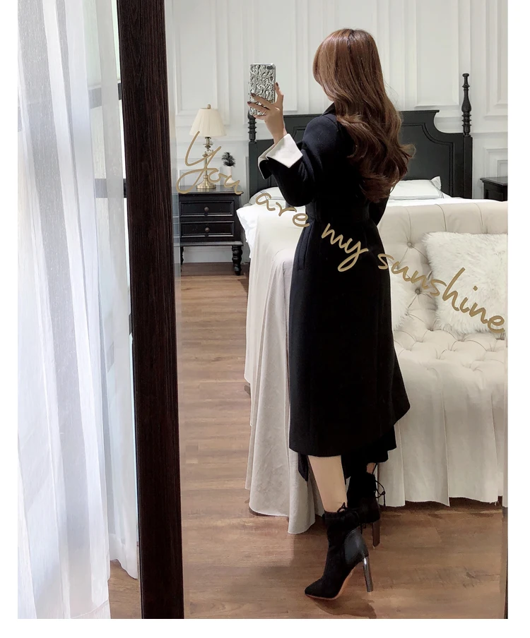 Elegant V Neck Women's Winter Fashion Woolen Overcoat Long Black Trench Dress Coats With Pockets Belt Casaco de la Feminino