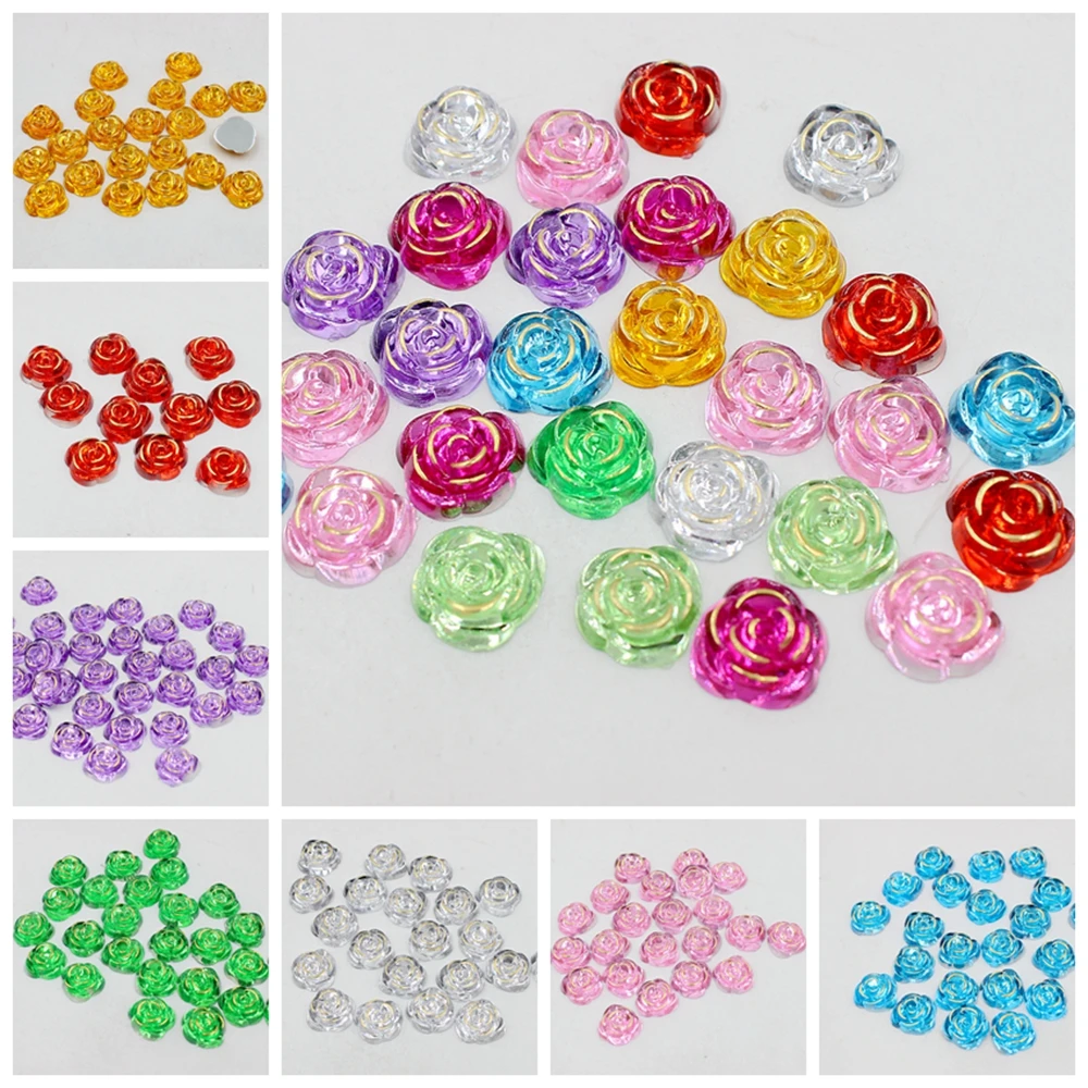 

New 50Pcs 15mm Mixed Gold Base Rose Flower Shape Design Acrylic Rhinestone Flatback Rhinestones For DIY Accessories Crafts