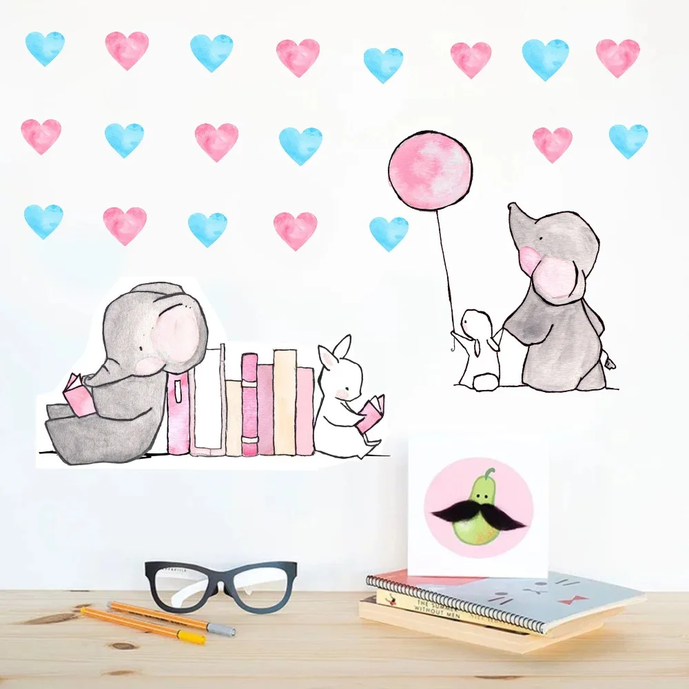 Cartoon Animals Stickers On The Wall Funny Elephant Decals For Kids Baby Bedroom Home Decor Vinyl Removable Rabbits Heart Art (1)