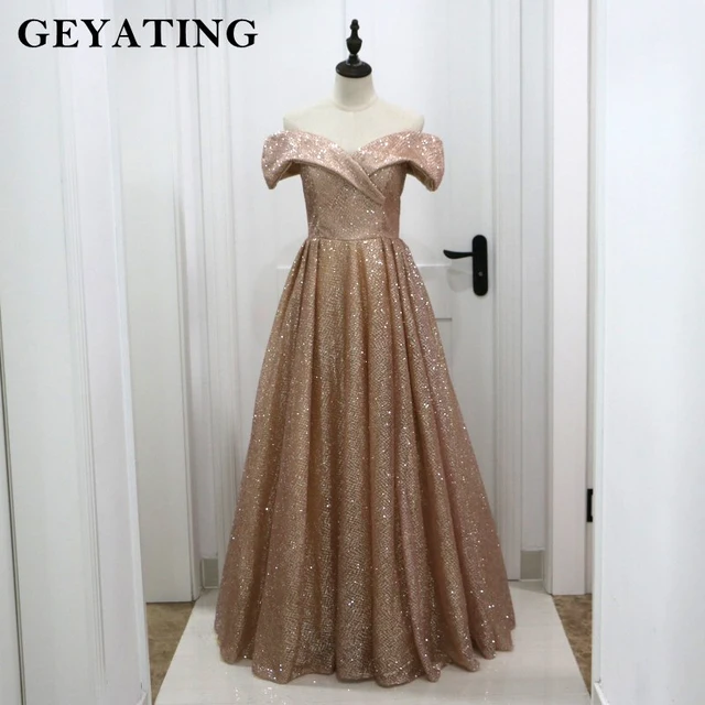 Rose Gold Champagne Shiny Sequins Off Shoulder Saudi Arabic Evening Rose Gold Champagne Shiny Sequins Off Shoulder Saudi Arabic Evening Dress 2018 Elegant Long Formal