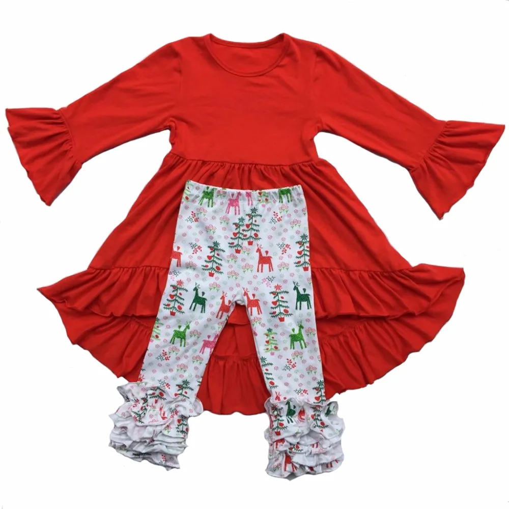

Christmas Red Long ruffle sleeve dress with Deer Print triple ruffle leggings clothing set