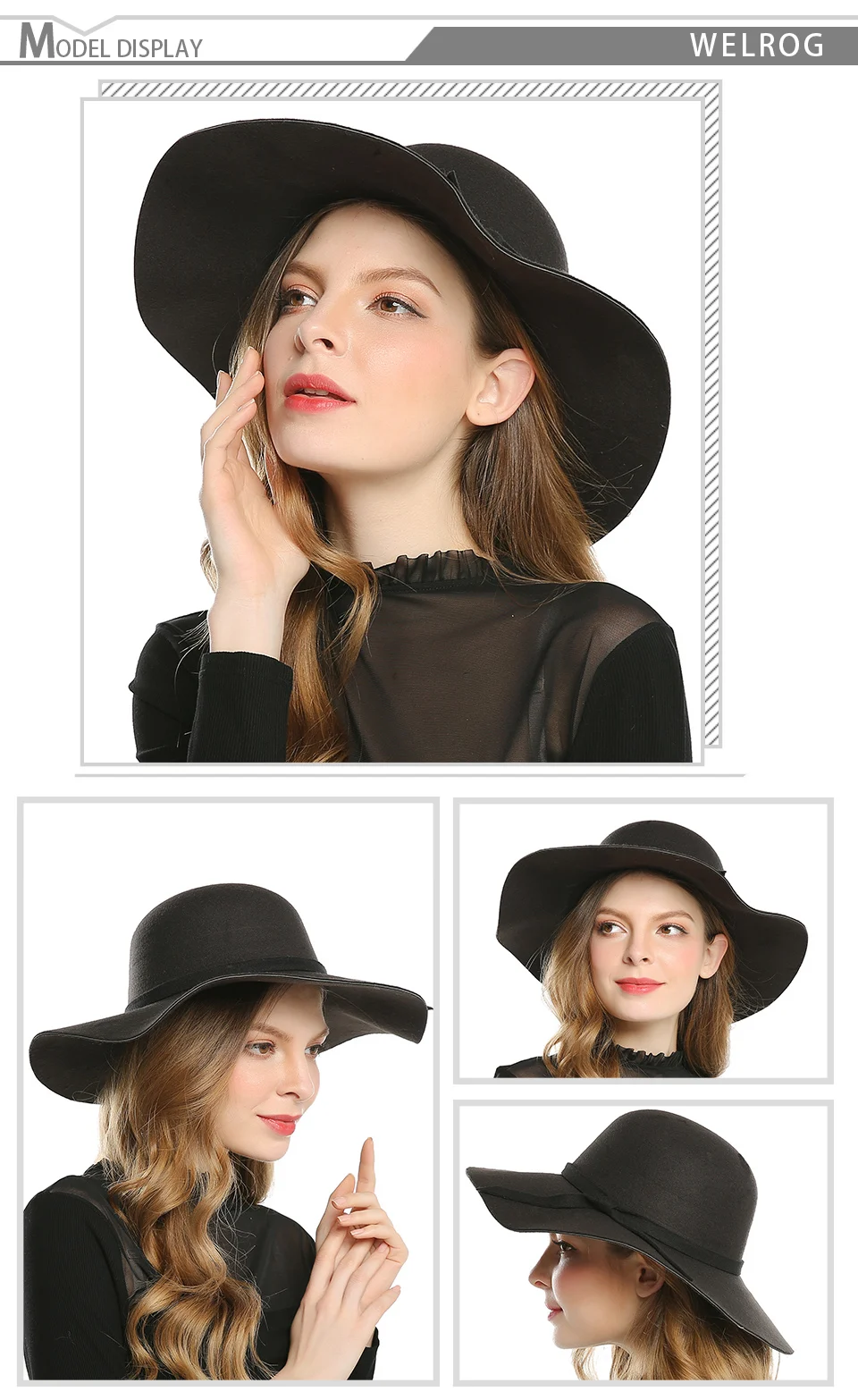 WELROG осенне-зимняя шерстяная шляпа с широкими полями для женщин, фетровая шляпа с поясом, гибкая вязаная шляпа с бантом, женская шапка с имитацией котелок из шерсти