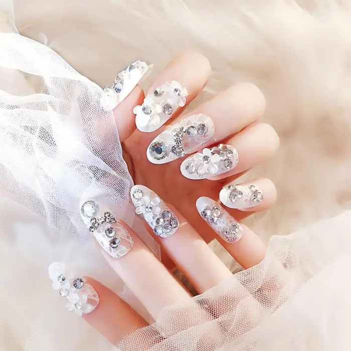 Unhas de Noiva Beleza do Casamento Dicas de Unhas com Cola Feminino Brilhando Strass Falso Unha Novo Design Capa Completa Acrílico 24 Pçs 3d 1 unhas de noiva beleza do casamento dicas de unhas com cola