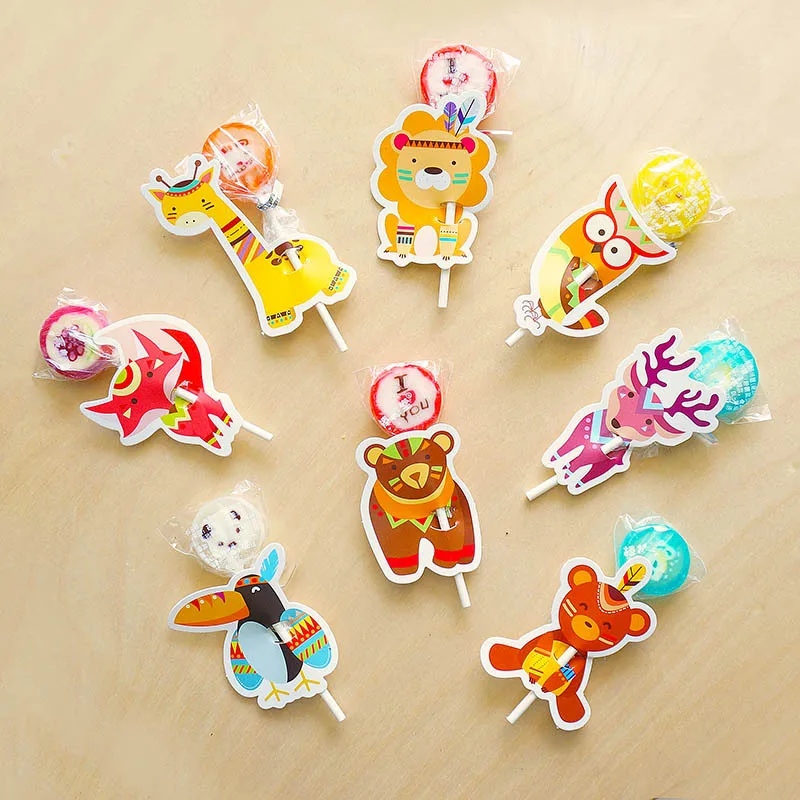 

16pcs Cartoon Lion Bear Giraffe Candy Lollipop Decoration Cards Kids Birthday Party Gift Child Favor DIY Toy Baby Shower Decor