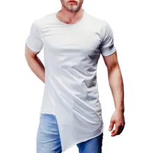 Casual T-shirt Men's Cotton Solid Color Short Sleeve Streetwear Sports Irregular Hem O-neck T Shirt M-2XL blue splited design round neck irregular hem t shirt
