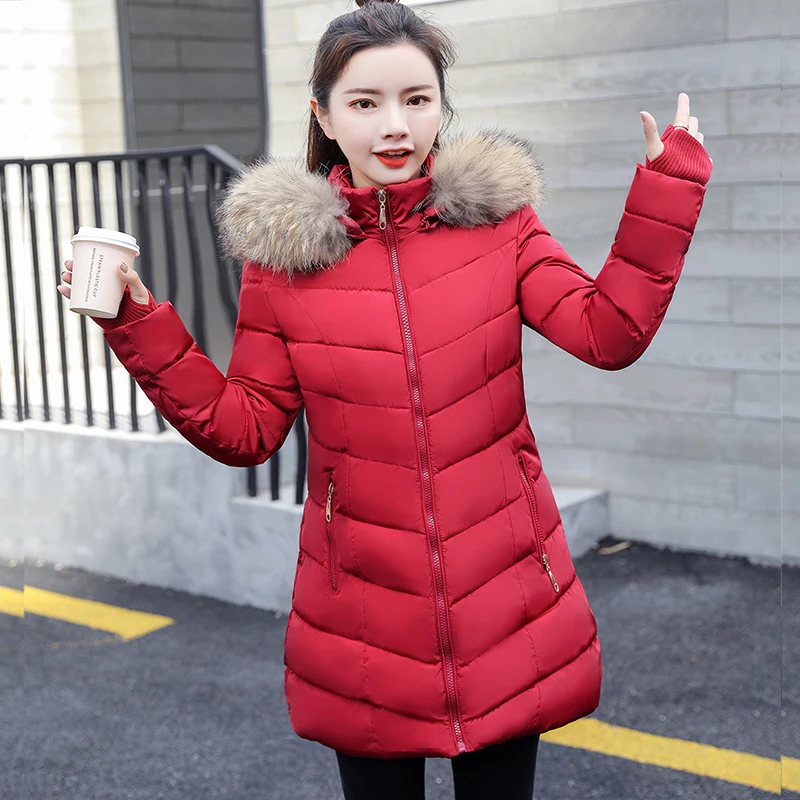 Женская зимняя куртка с искусственным большим меховым воротником, Женская куртка, тонкая, с хлопковой подкладкой, длинная куртка, верхняя одежда, зимнее пальто, парка, S-4XL
