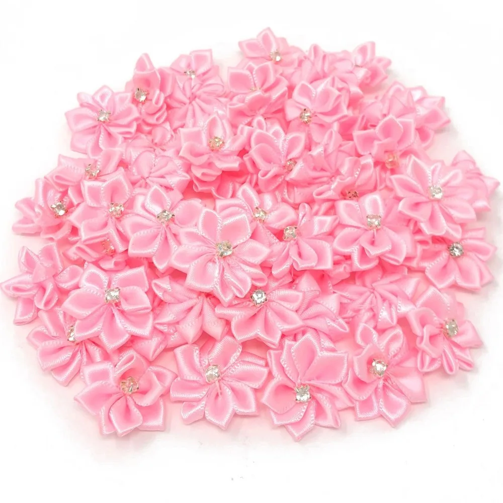 25mm Satin Ribbon Flowers with Rhinestone Diamante Centre Craft Flowers 