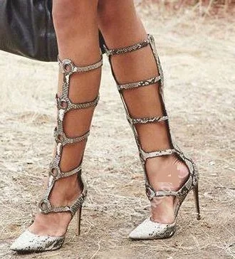 

Free Shipping Summer 2019 New Woman Python Snake Skin Cuts Out Pointed Toe Zipper Back Circles Metal Front Knee Sandals Boots