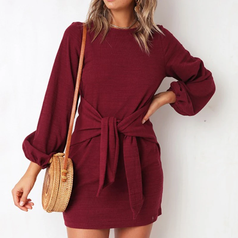 

Zebery Long Sleeve Sexy Mini Dress Lace-up Design Simple Style Solid Color Dress Woman A-line Vestido For Female