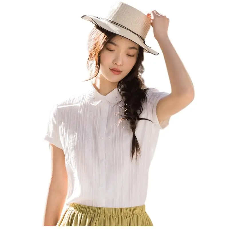 

INMAN Summer Matched Notched Collar Blouse 2019 New Arrival White Patchwork Style Women Blouse Office Lady Short Sleeve Shirt