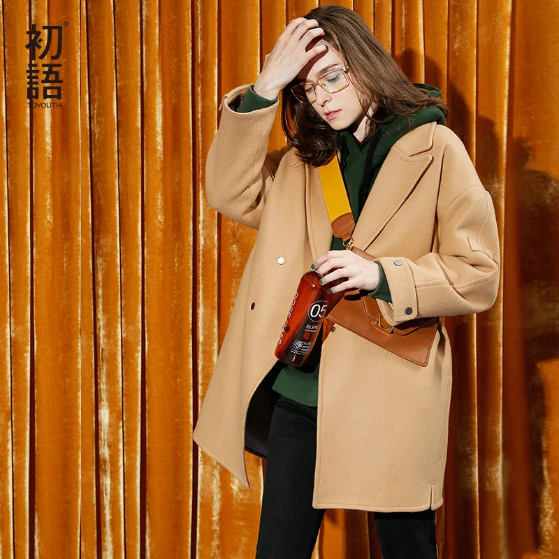 

Toyouth Women Loose Double-Breasted Overcoat Female Office Lady Woolen Coat Winter Solid Long Sleeve Wool Casaco Feminino