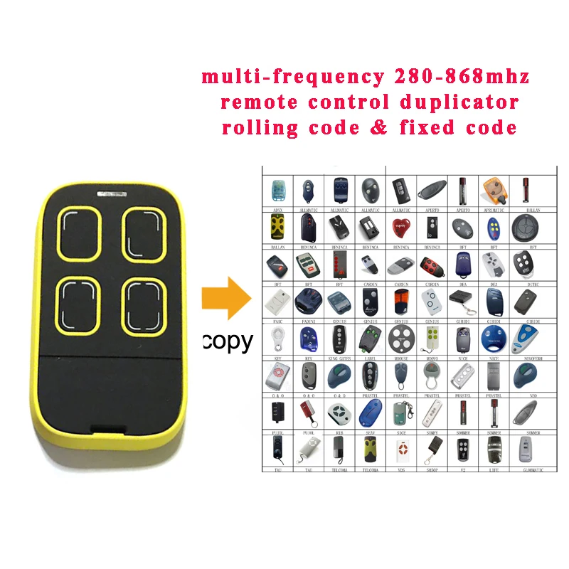 

Universal Multi frequency 280-868MHZ 4 Button Key Fob Remote Control rolling code fixed code Garage door opener free shipping