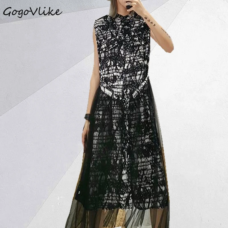 

Elegant Tulle Spliced Dress Women Dresses Summer 2019 French Style Sleeveless Plus Size Mesh Vestido A Line Shirt Dress LT273S50