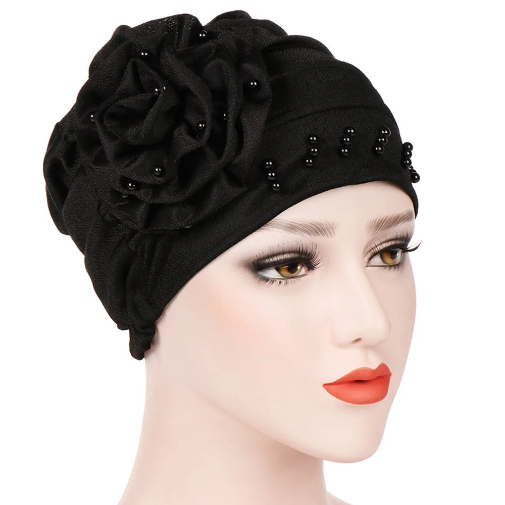 

Muslim Female Hats for Women Headscarf India Flower Pearl Turban Chemotherapy Wrap Caps for Ladies Cancer Chemo Hats femme