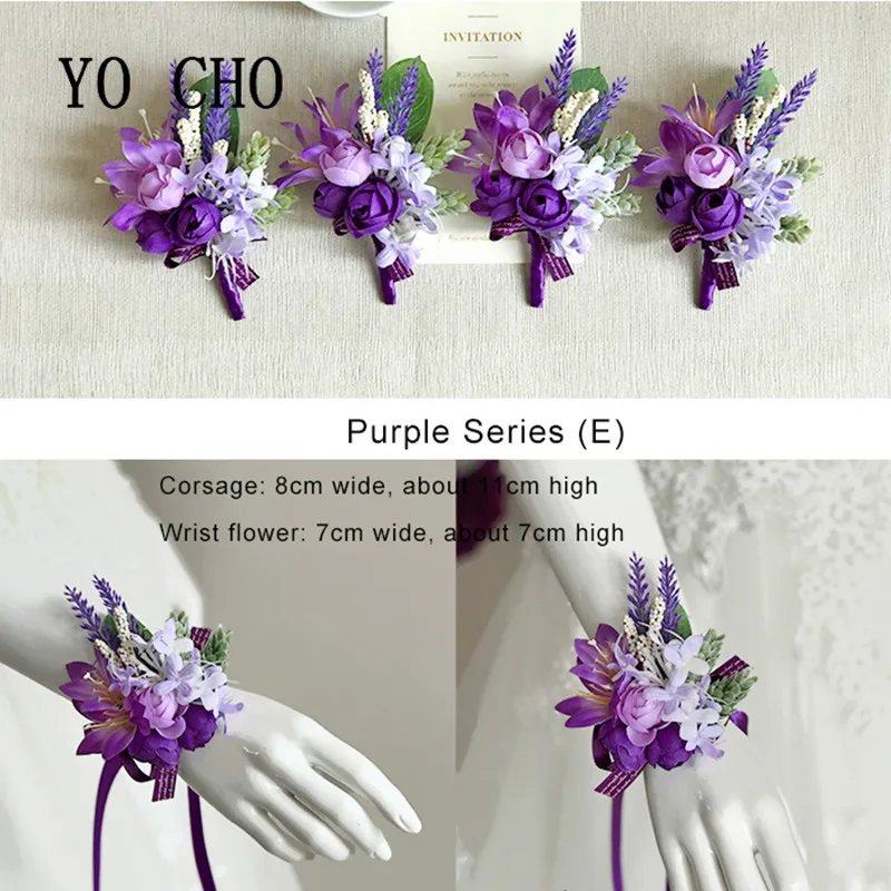 YO CHO Purple Bridesmaid Wrist Flowers Handmade Wedding Corsages and Boutonnieres Brooch Artificial Rose Bride Groom Boutonniere