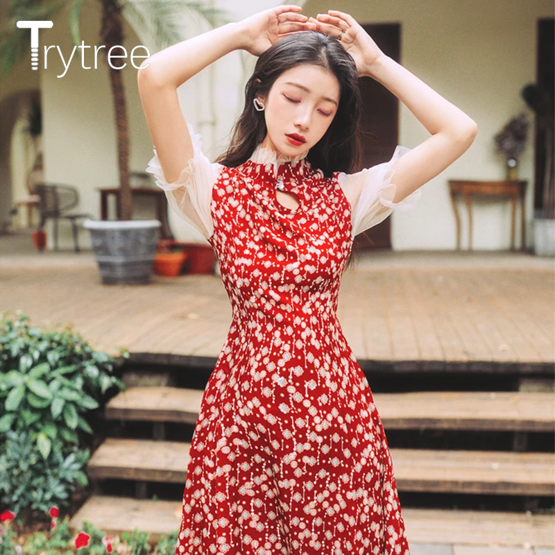 Trytree Summer Women Dress Casual Elegant Mandarin Collar Lantern Sleeve Ruffles Print Dresses Mid-Calf A-line Cheongsam Dress