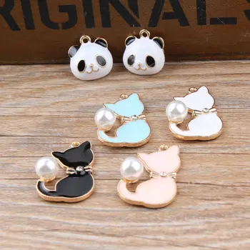 

100pcs DIY jewelry enamel alloy plated gold panda head pearl tail cat charms pendant for bracelet necklace CH0052