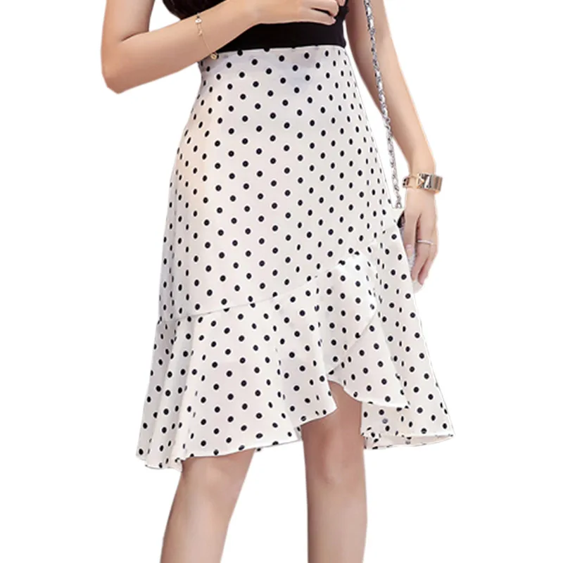 

Black White Polka Dot Summer Chiffon Skirt Women Bohemia Ruffles High Waist Midi Mermaid Skirt Bodycon Elegant Skirts 2019