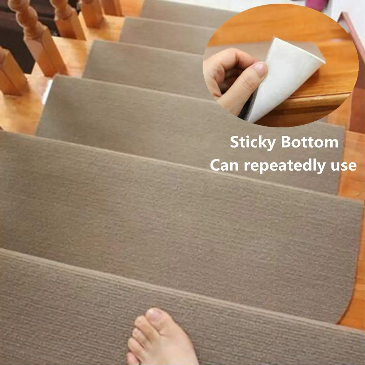 14pcs Brown/Beige Polyester Anti-slip Stair Pads Carpet Mat Self-adhesive Sticky Bottom Repeatedly-use Safety Pads Mat for Home