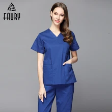 Женщины хирургический больничный медицинский скраб набор дамы v-образным вырезом с коротким рукавом Хлопок Синий Топы брюки Спецодежда доктор униформа медсестры