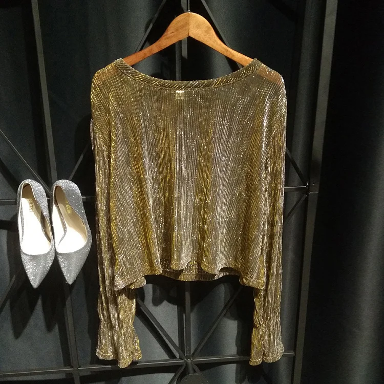 Cakucool, весенний женский топ с золотым люрексом, пуловер, яркая блузка с длинными рукавами, блестящие прозрачные свободные рубашки, Солнцезащитный Топ для женщин