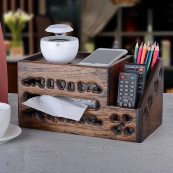 

Wooden vintage solid wood remote control storage box Chinese style living room coffee table desktop American tray LO922721